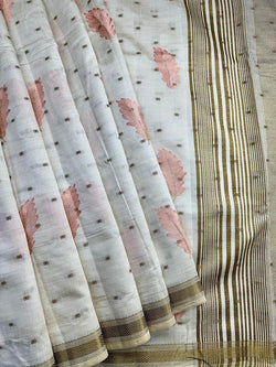 Murmurous Off White Embroidery Work Tussar Silk Saree With Enthralling Blouse Piece