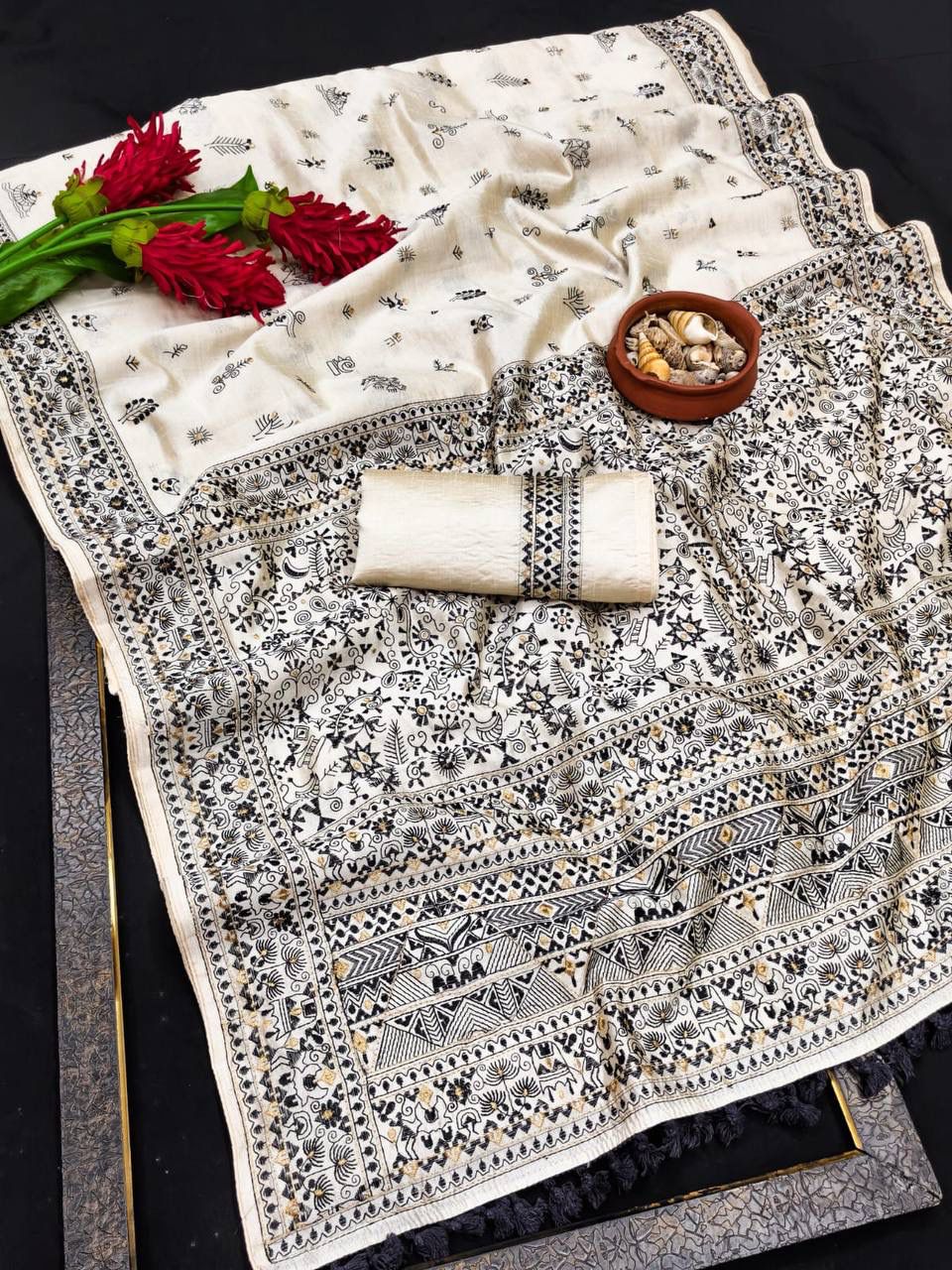 Enigmatic Off White Embroidery Work Tussar Silk Saree With Lagniappe Blouse Piece