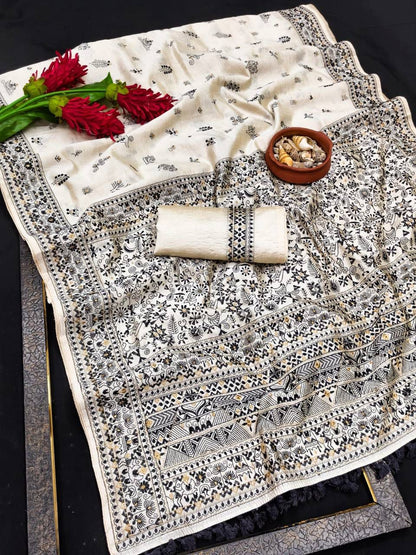 Enigmatic Off White Embroidery Work Tussar Silk Saree With Lagniappe Blouse Piece