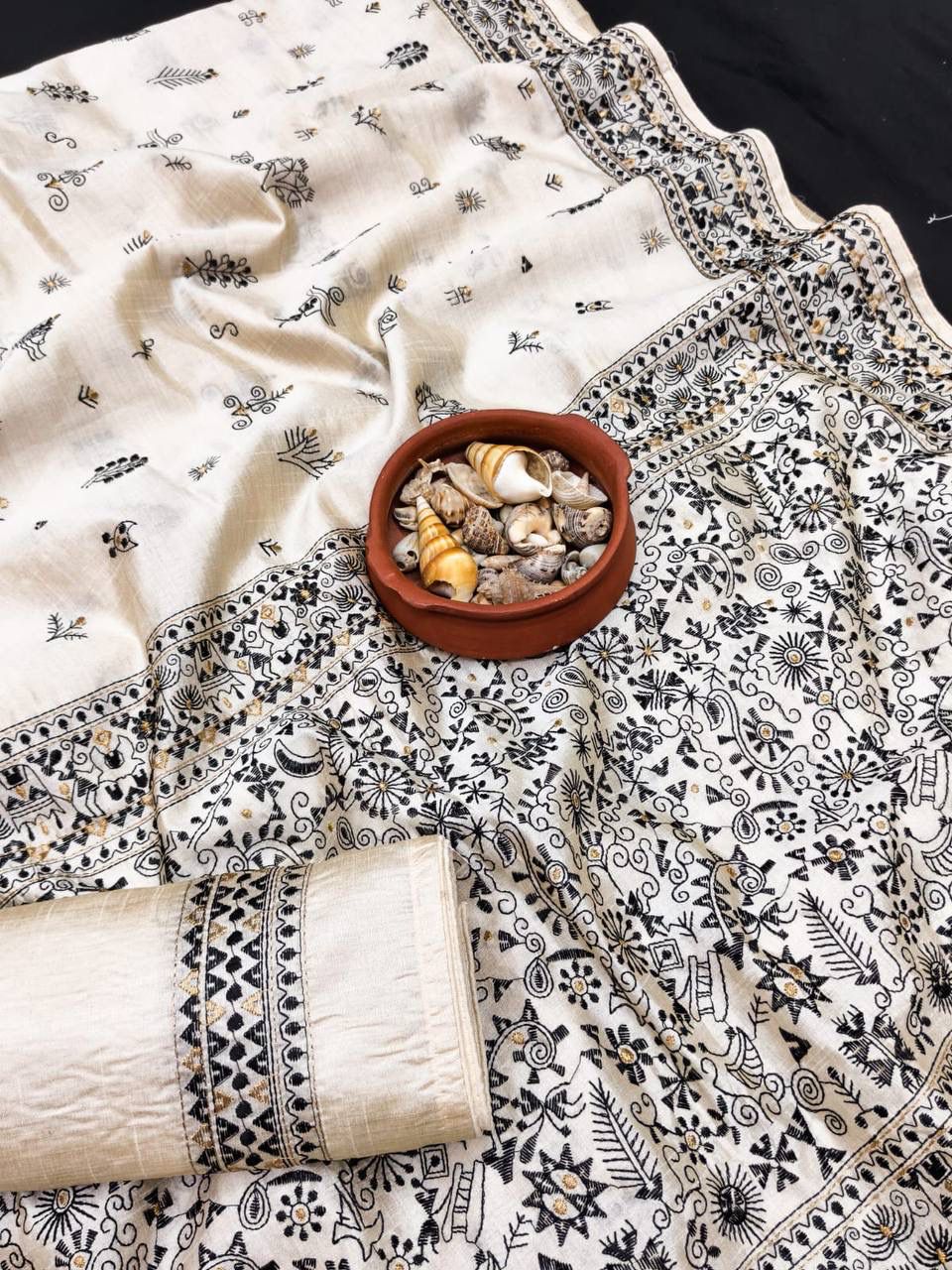 Enigmatic Off White Embroidery Work Tussar Silk Saree With Lagniappe Blouse Piece