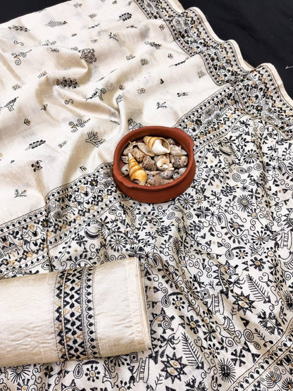 Enigmatic Off White Embroidery Work Tussar Silk Saree With Lagniappe Blouse Piece