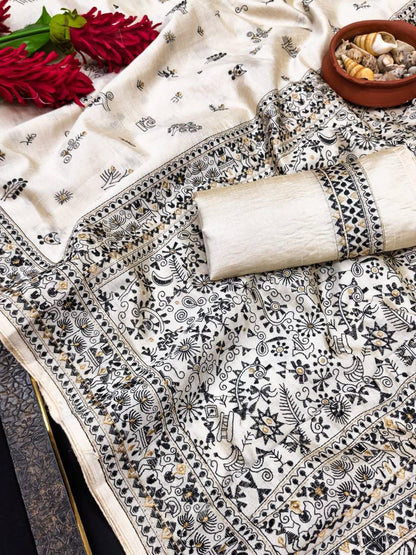 Enigmatic Off White Embroidery Work Tussar Silk Saree With Lagniappe Blouse Piece