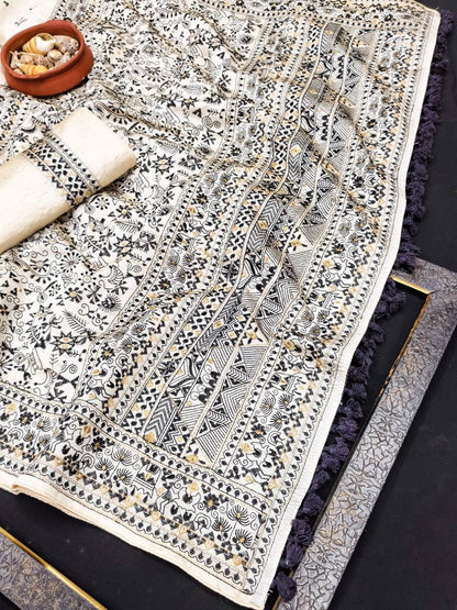 Enigmatic Off White Embroidery Work Tussar Silk Saree With Lagniappe Blouse Piece