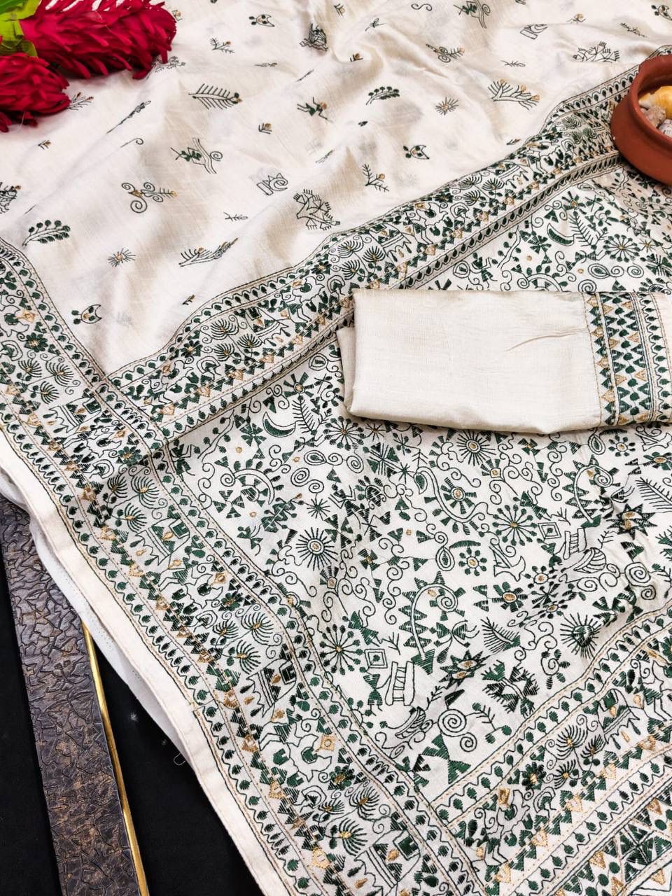 Sizzling Off White Embroidery Work Tussar Silk Saree With Enamoring Blouse Piece