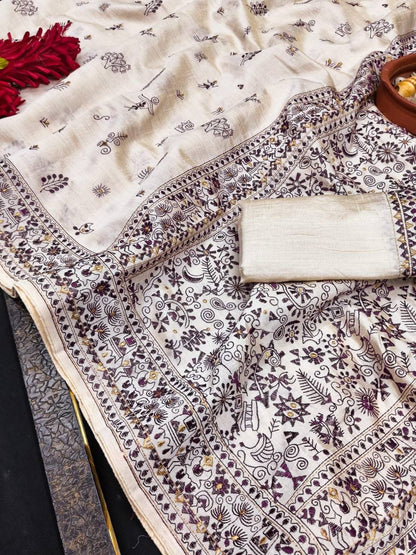 Unique Off White Embroidery Work Tussar Silk Saree With Susurrous Blouse Piece