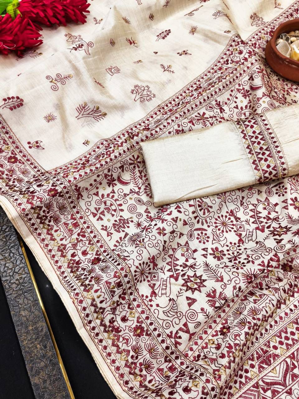 Forbearance Off White Embroidery Work Tussar Silk Saree With Dalliance Blouse Piece