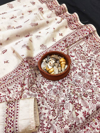 Forbearance Off White Embroidery Work Tussar Silk Saree With Dalliance Blouse Piece