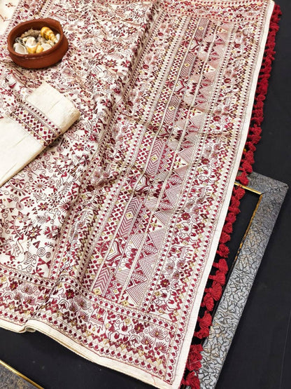 Forbearance Off White Embroidery Work Tussar Silk Saree With Dalliance Blouse Piece