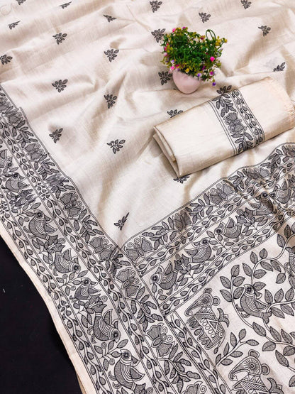 Jazzy Off White Embroidery Work Tussar Silk Saree With Sempiternal Blouse Piece