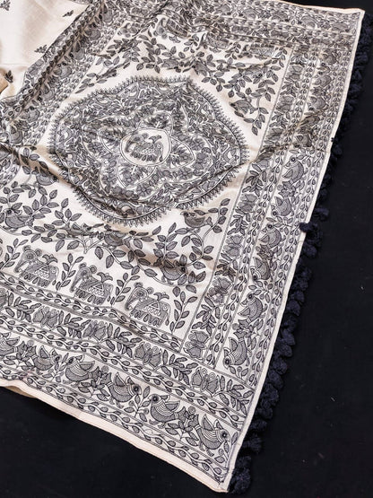 Jazzy Off White Embroidery Work Tussar Silk Saree With Sempiternal Blouse Piece