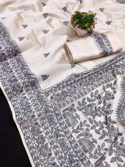 Allure Off White Embroidery Work Tussar Silk Saree With Dissemble Blouse Piece