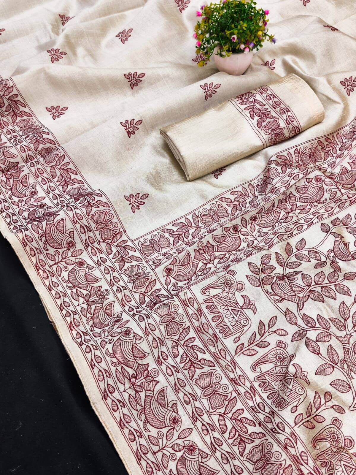 Serendipity Off White Embroidery Work Tussar Silk Saree With Desuetude Blouse Piece