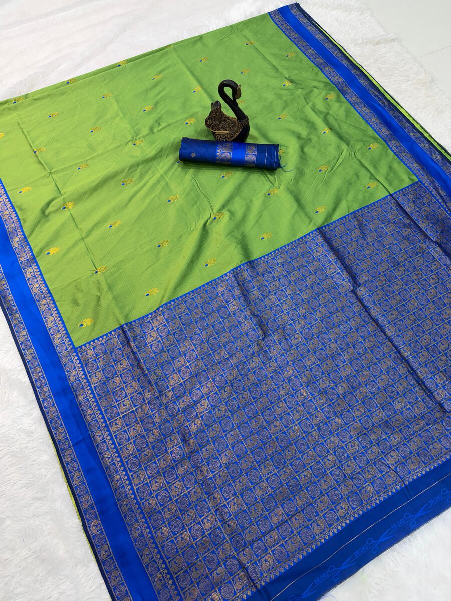 Trendy Parrot Soft Banarasi Silk Saree With Hypnotic Blouse Piece