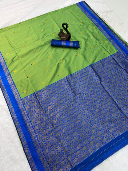 Trendy Parrot Soft Banarasi Silk Saree With Hypnotic Blouse Piece