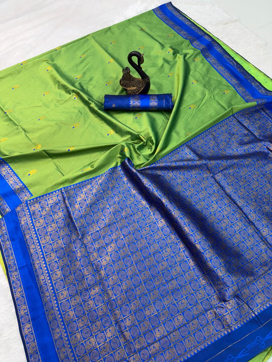Trendy Parrot Soft Banarasi Silk Saree With Hypnotic Blouse Piece