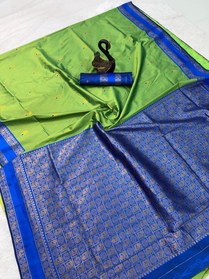 Trendy Parrot Soft Banarasi Silk Saree With Hypnotic Blouse Piece