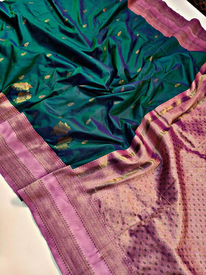 Nemesis Dark Green Soft Banarasi Silk Saree With Stunning Blouse Piece
