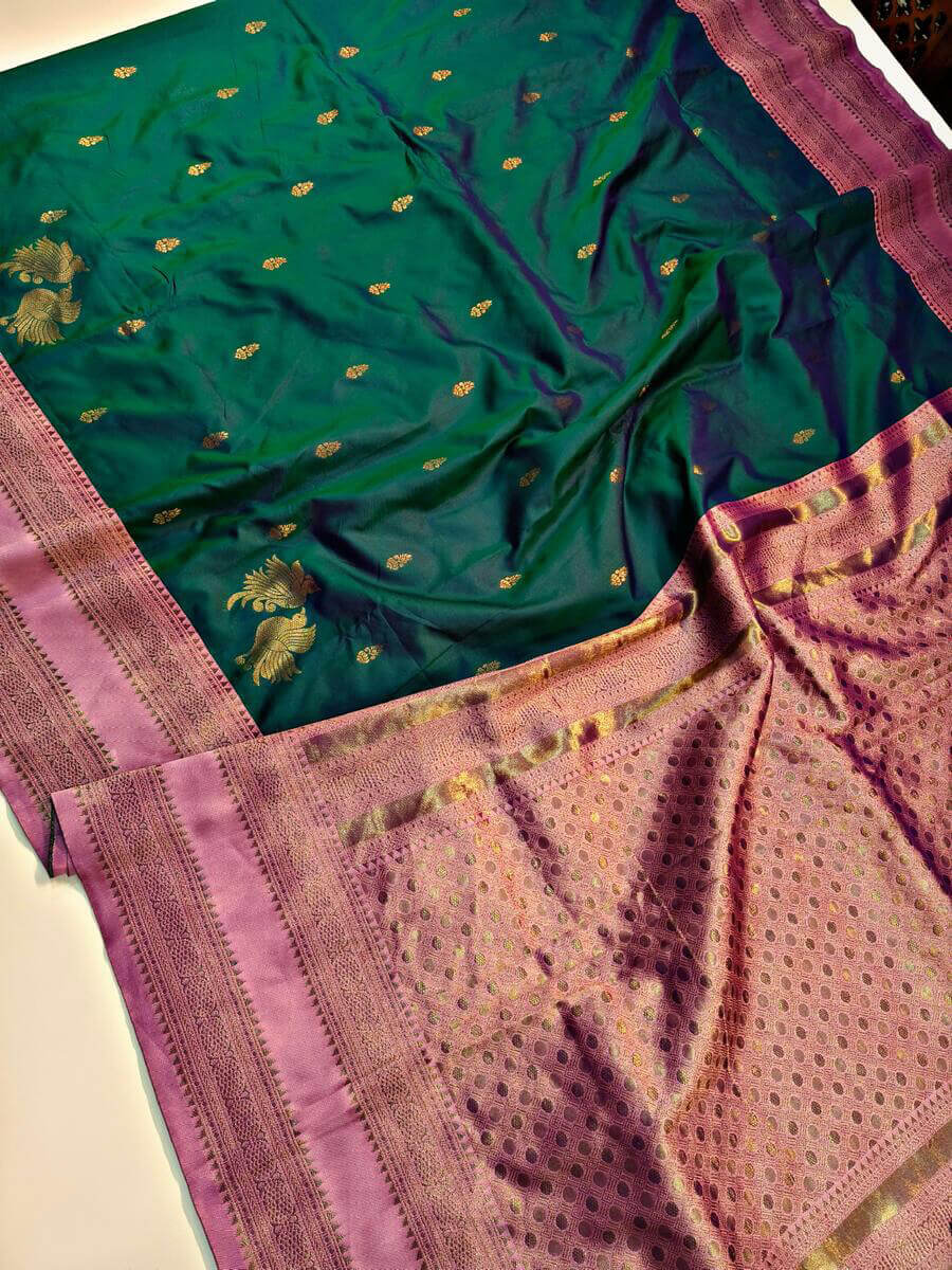 Nemesis Dark Green Soft Banarasi Silk Saree With Stunning Blouse Piece