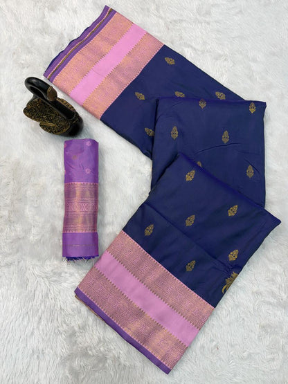 Aplomb Navy Blue Soft Banarasi Silk Saree With Seraglio Blouse Piece