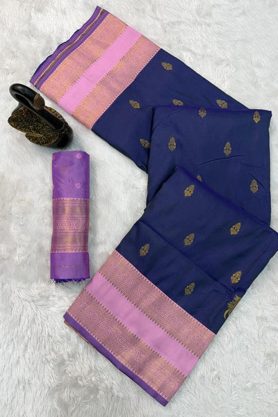 Aplomb Navy Blue Soft Banarasi Silk Saree With Seraglio Blouse Piece