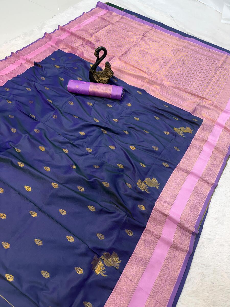 Aplomb Navy Blue Soft Banarasi Silk Saree With Seraglio Blouse Piece