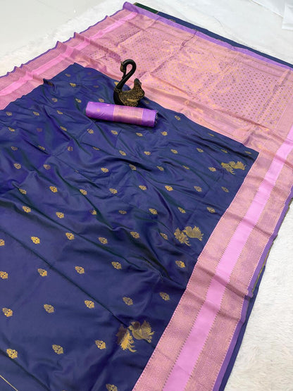 Aplomb Navy Blue Soft Banarasi Silk Saree With Seraglio Blouse Piece