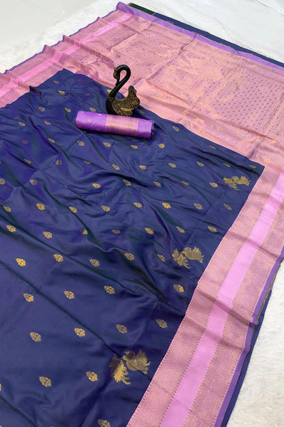 Aplomb Navy Blue Soft Banarasi Silk Saree With Seraglio Blouse Piece