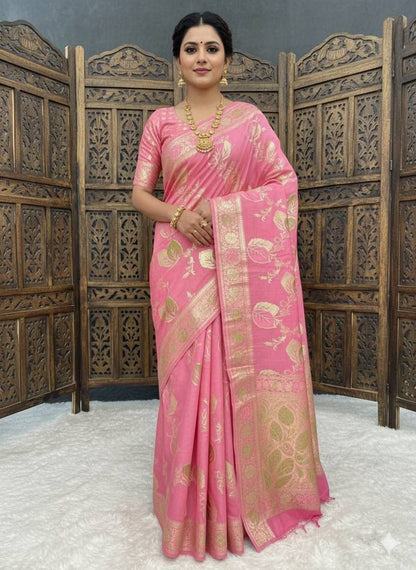 Mesmerising Pink Banarasi Dola Silk Saree With Flaunt Blouse Piece
