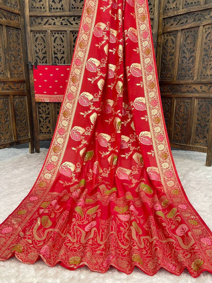 Resplendent Red Banarasi Dola Silk Saree With Exquisite Blouse Piece