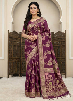Susurrous Wine Banarasi Dola Silk Saree With Lassitude Blouse Piece