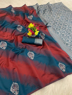 Embellished Blue Soft Silk Saree With Embrocation Blouse Piece