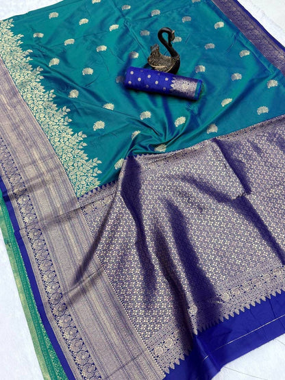 Sumptuous Rama Pure Zari Weaving Banarasi Silk Saree With Stunning Blouse Piece