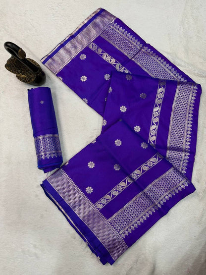 Sizzling Royal Purple Pure Zari Weaving Banarasi Silk Saree With Splendiferous Blouse Piece
