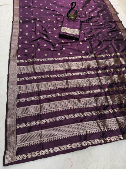 Glamorous Wine Pure Zari Weaving Banarasi Silk Saree With Pretty Blouse Piece