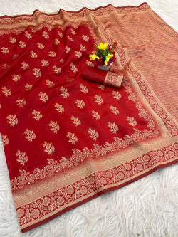 Flamboyant Red Soft Silk Saree With Zephyr Blouse Piece