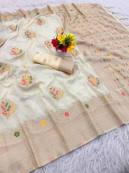 Smart Beige Banarasi Georgette Silk Saree With Marvellous Blouse Piece