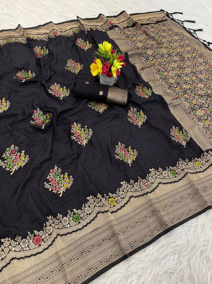 Fantabulous Black Banarasi Georgette Silk Saree With Extraordinary Blouse Piece