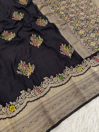 Fantabulous Black Banarasi Georgette Silk Saree With Extraordinary Blouse Piece