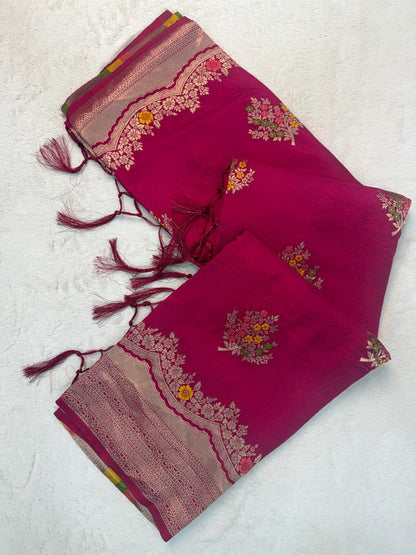 Engrossing Dark Pink Banarasi Georgette Silk Saree With Symmetrical Blouse Piece