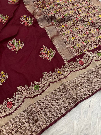 Charming Maroon Banarasi Georgette Silk Saree With Panoply Blouse Piece