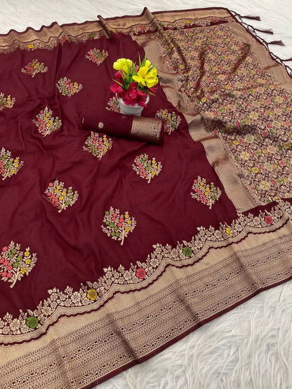Charming Maroon Banarasi Georgette Silk Saree With Panoply Blouse Piece