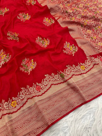 Glittering Red Banarasi Georgette Silk Saree With Murmurous Blouse Piece