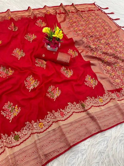 Glittering Red Banarasi Georgette Silk Saree With Murmurous Blouse Piece