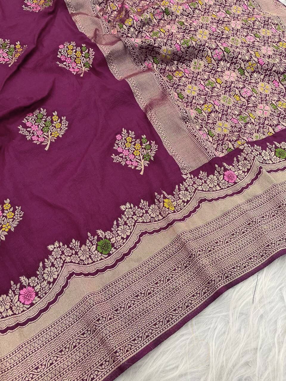 Charming Wine Banarasi Georgette Silk Saree With Panoply Blouse Piece