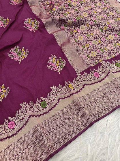 Charming Wine Banarasi Georgette Silk Saree With Panoply Blouse Piece