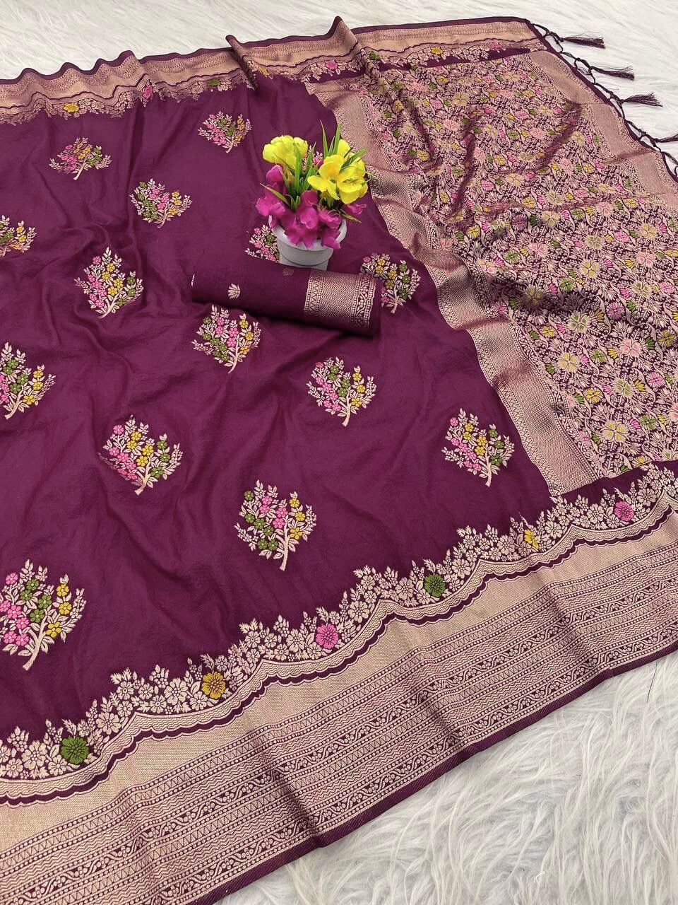 Charming Wine Banarasi Georgette Silk Saree With Panoply Blouse Piece