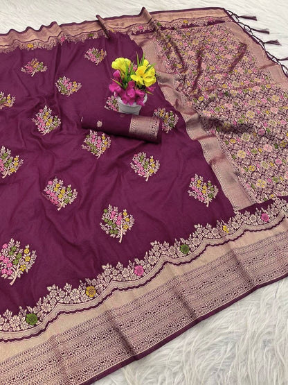 Charming Wine Banarasi Georgette Silk Saree With Panoply Blouse Piece