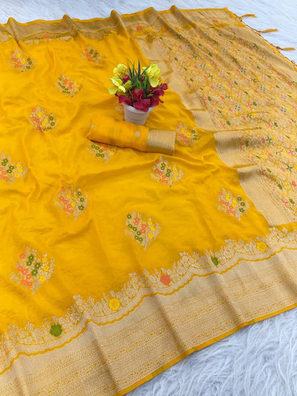 Breathtaking Yellow Banarasi Georgette Silk Saree With Gossamer Blouse Piece