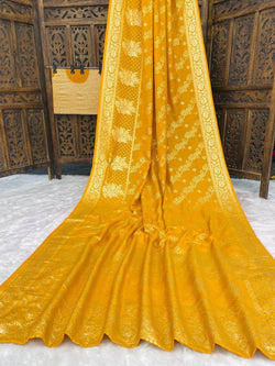 Embrocation Mustard Banarasi Dola Silk Saree With Desiring Blouse Piece