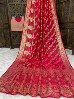 Quintessential Red Banarasi Dola Silk Saree With Dazzling Blouse Piece